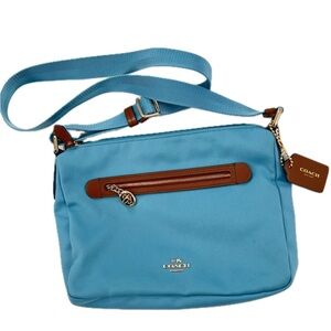 Coach Sawyer Canvas & Tan Leather Crossbody Bag in Blue Jay, Front Zipper Pocket
